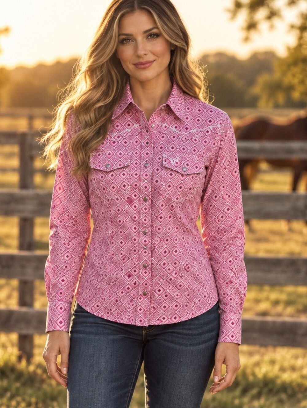 Cowgirl Hardware Pink Geometric Rhinestone Snap Western Shirt Women’s Small